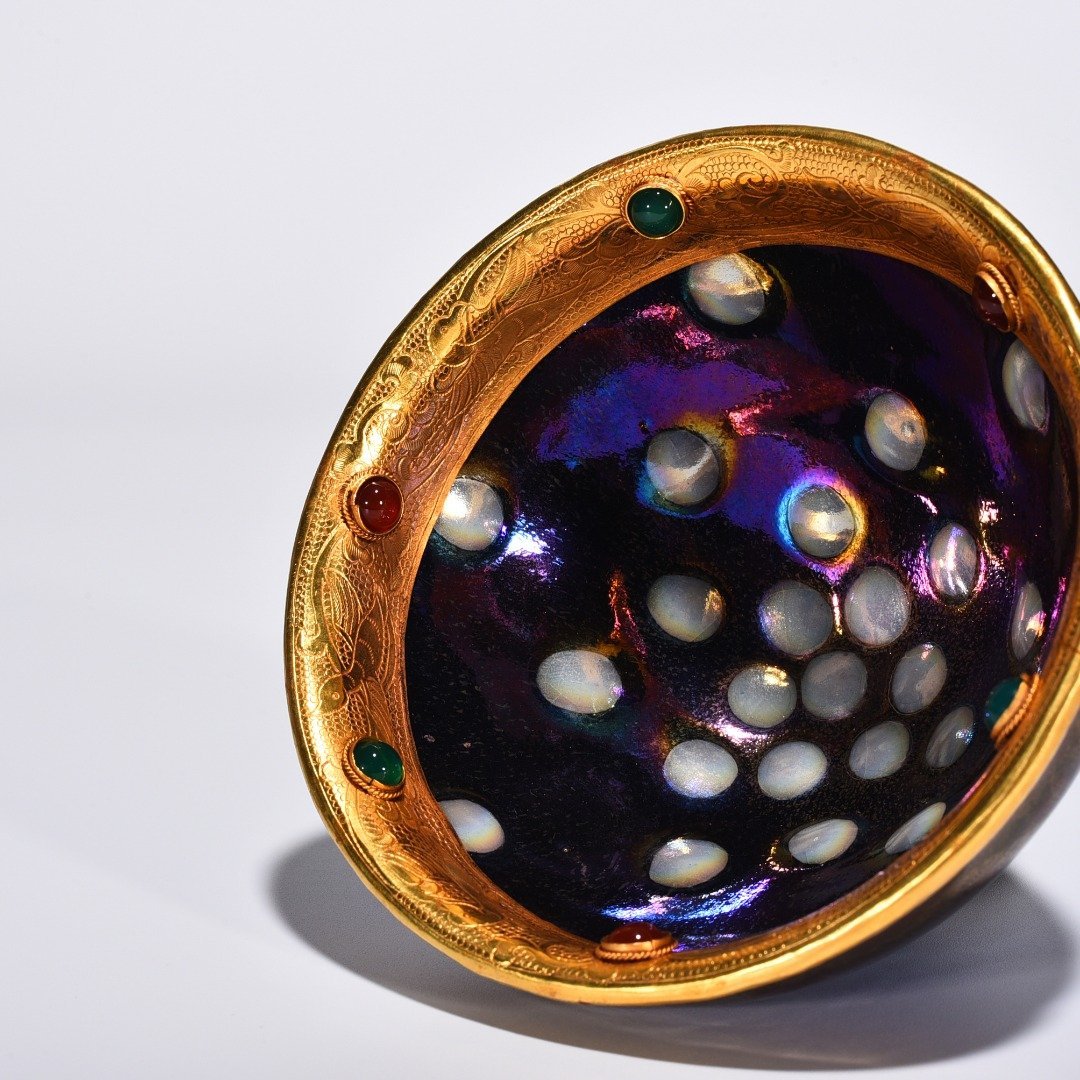 Song Dynasty Jianyao seven-color pearl-spotted glaze lamp gilt-engraved and inlaid with gems