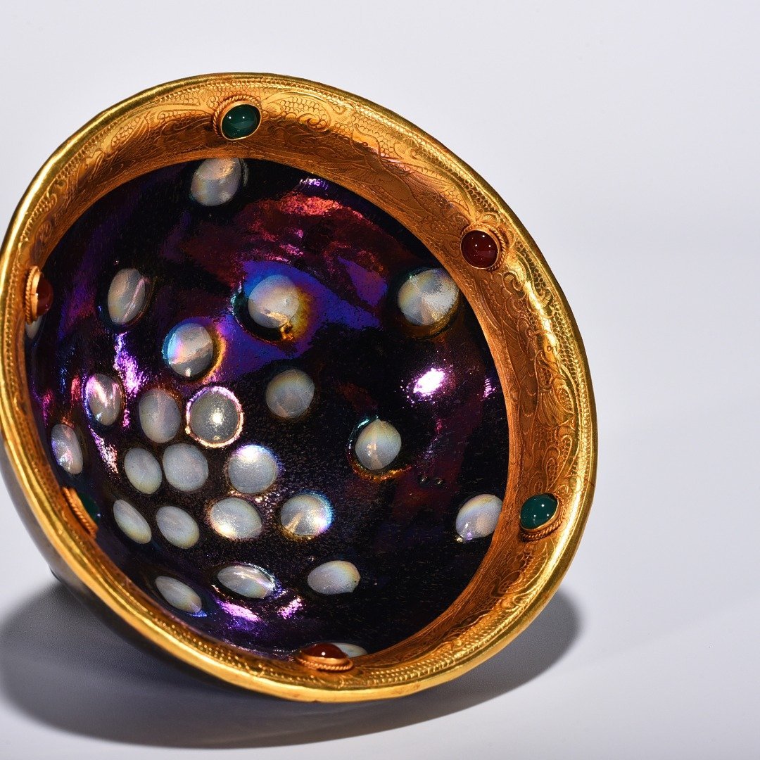 Song Dynasty Jianyao seven-color pearl-spotted glaze lamp gilt-engraved and inlaid with gems