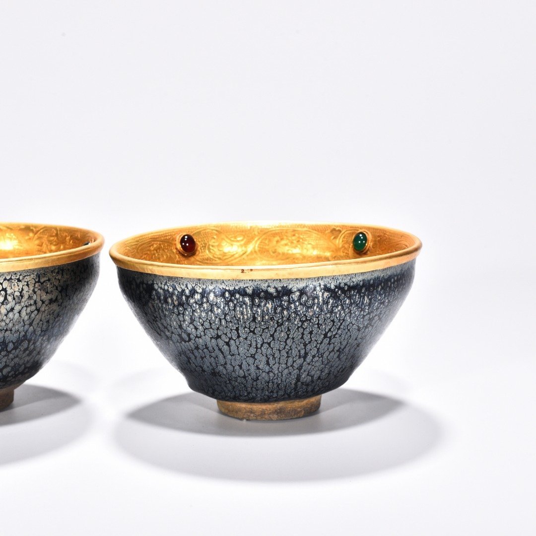 Song Dynasty Jianyao oil-drop lamp chiseled gilt and inlaid with gems