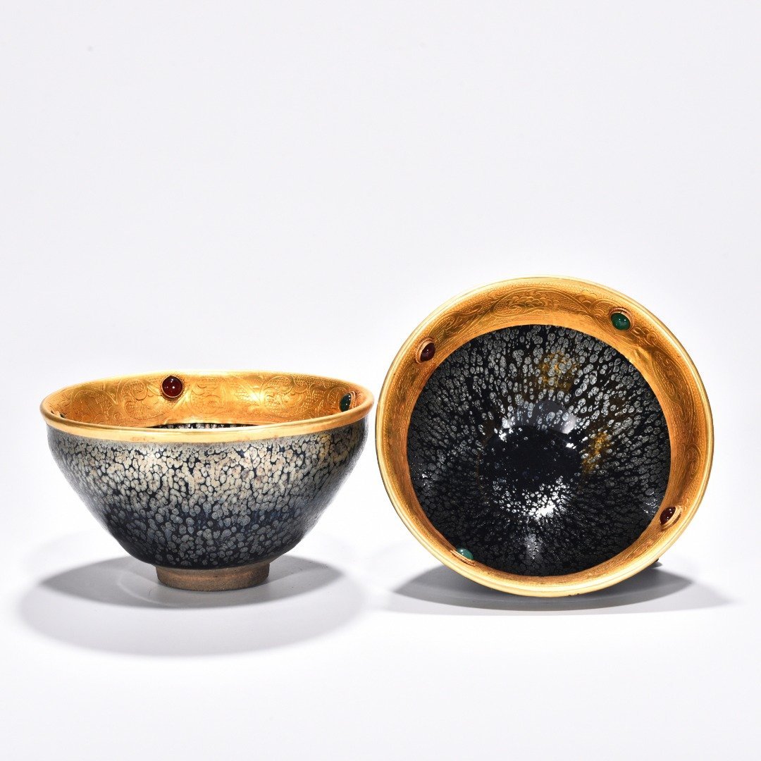 Song Dynasty Jianyao oil-drop lamp chiseled gilt and inlaid with gems