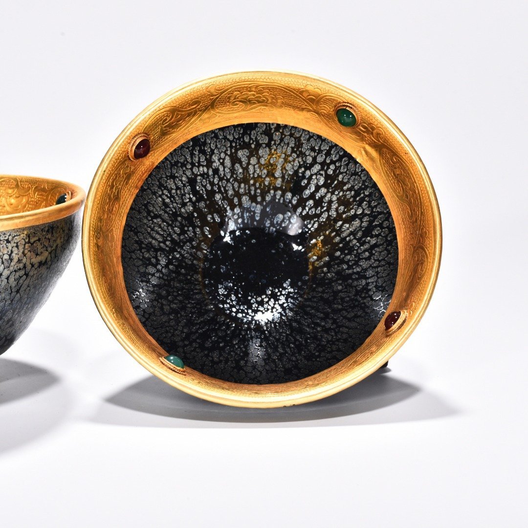 Song Dynasty Jianyao oil-drop lamp chiseled gilt and inlaid with gems