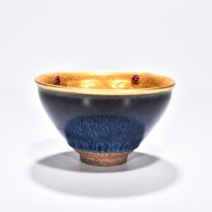 Song Dynasty Jianyao pearl-speckled blue cup chiselled and gilt inlaid with gems