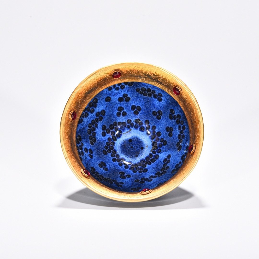 Song Dynasty Jianyao blue-glazed Tianmu lamp chiselled gilt and inlaid with precious stones