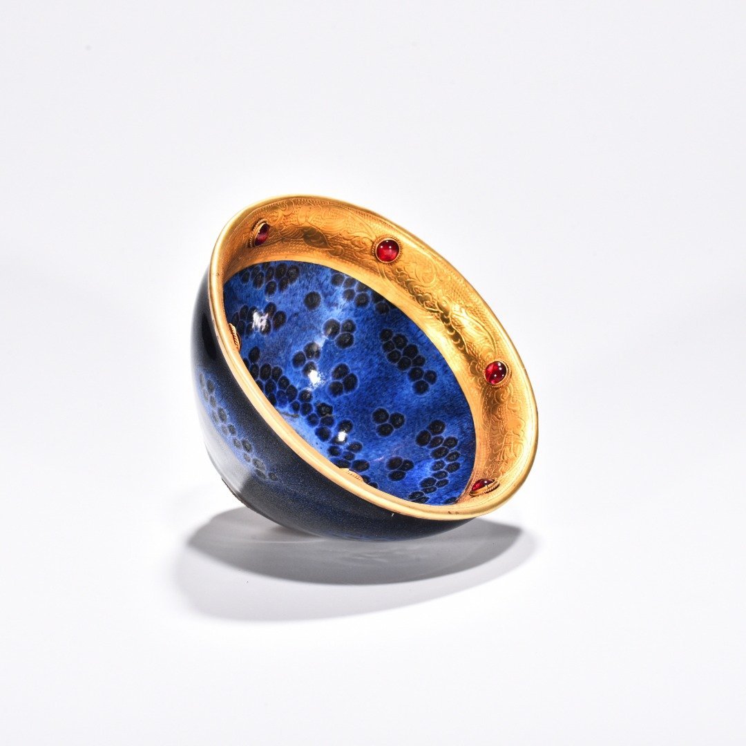 Song Dynasty Jianyao blue-glazed Tianmu lamp chiselled gilt and inlaid with precious stones