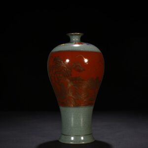 Song Dynasty Ru kiln alum red plum vase with gold landscape and water patterns