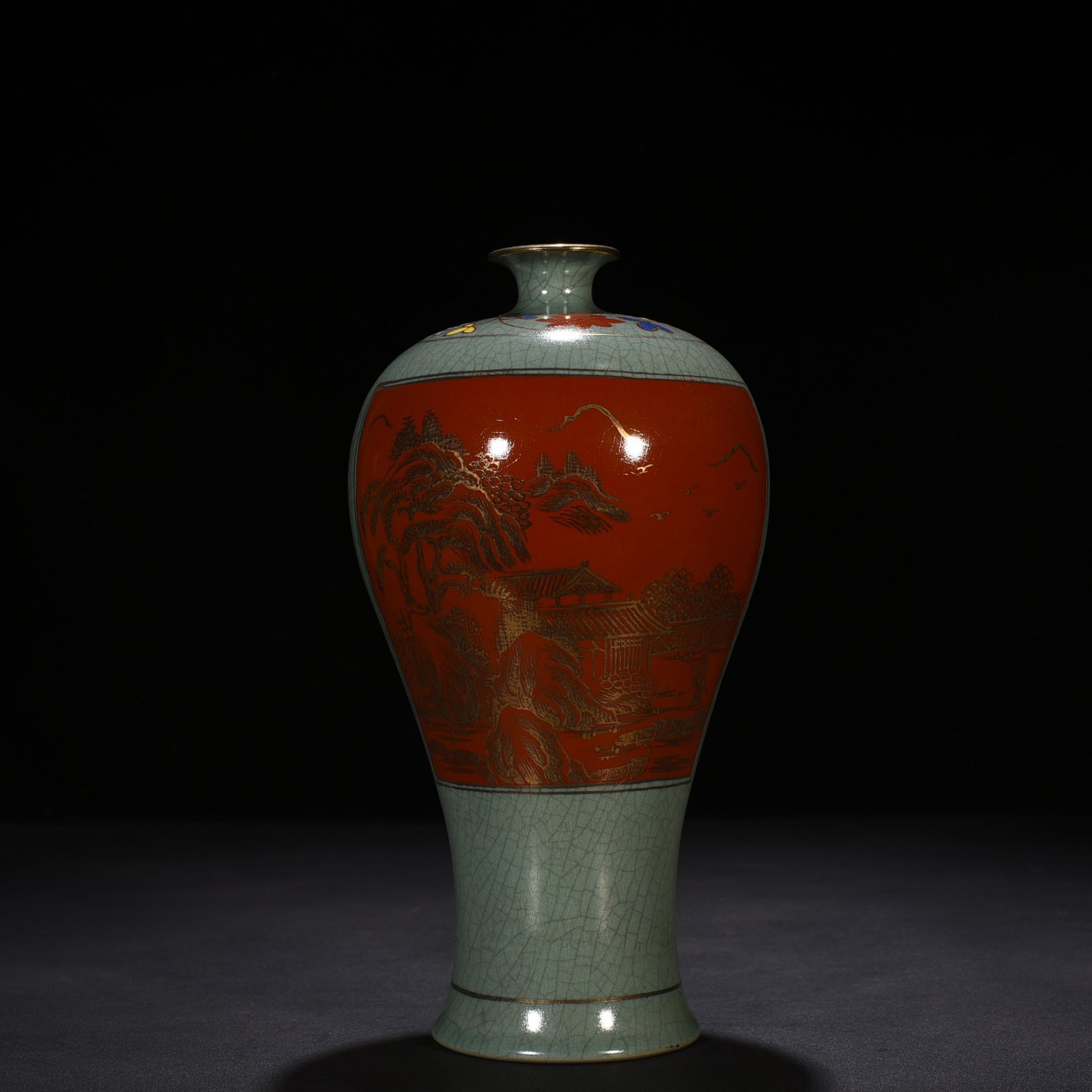 Song Dynasty Ru kiln alum red plum vase with gold landscape and water patterns