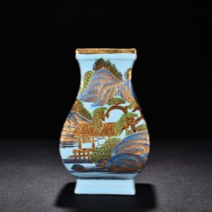 Song Dynasty Ru kilnsky blue glaze gold landscape pattern square statue