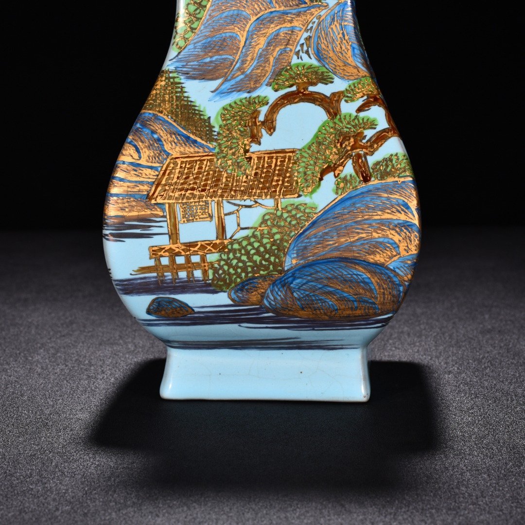 Song Dynasty Ru kilnsky blue glaze gold landscape pattern square statue