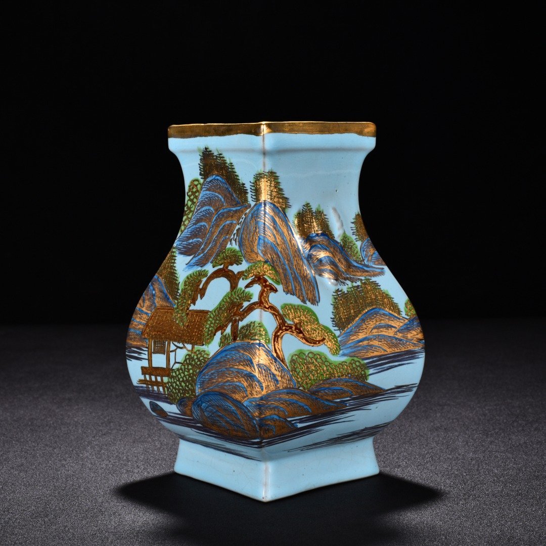 Song Dynasty Ru kilnsky blue glaze gold landscape pattern square statue