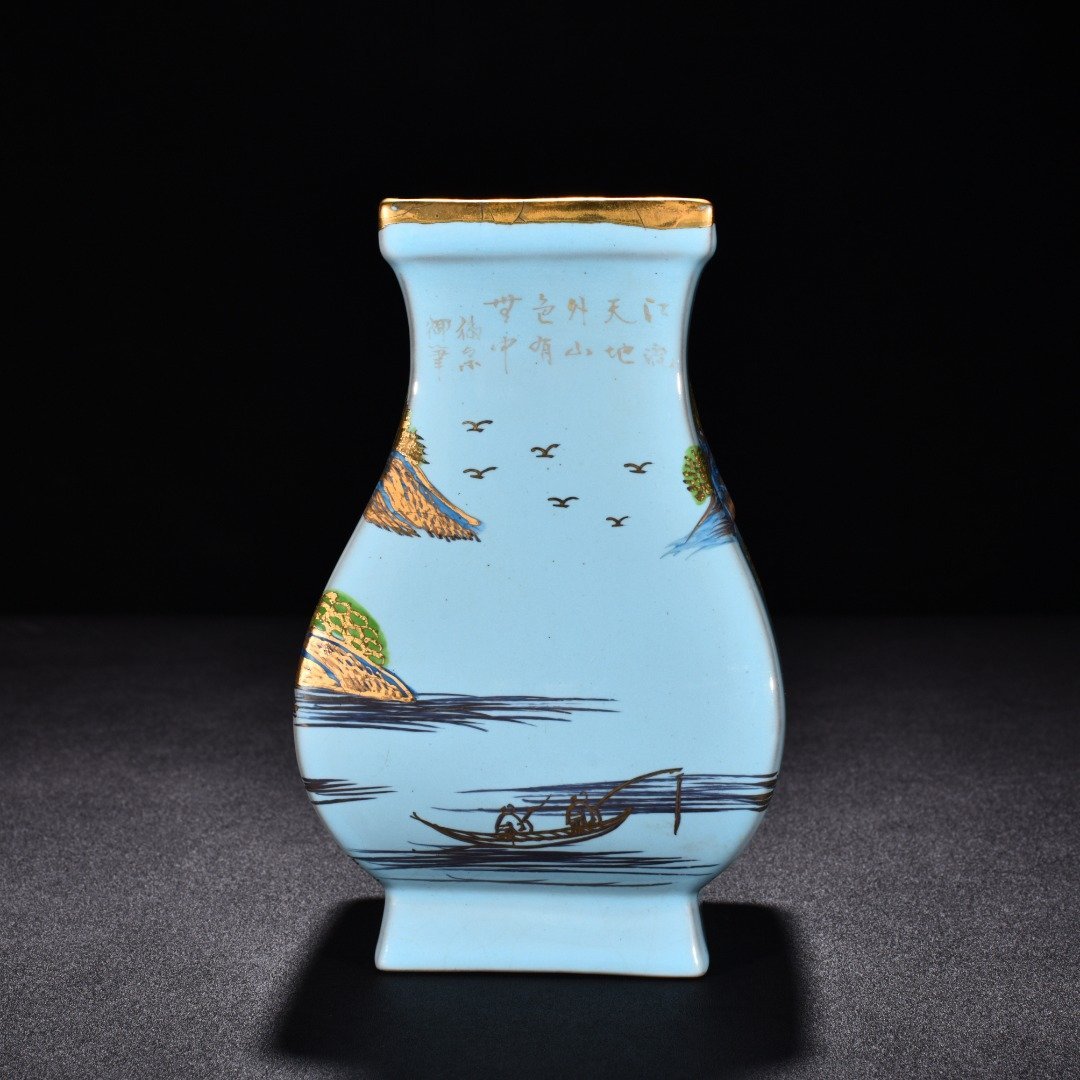 Song Dynasty Ru kilnsky blue glaze gold landscape pattern square statue