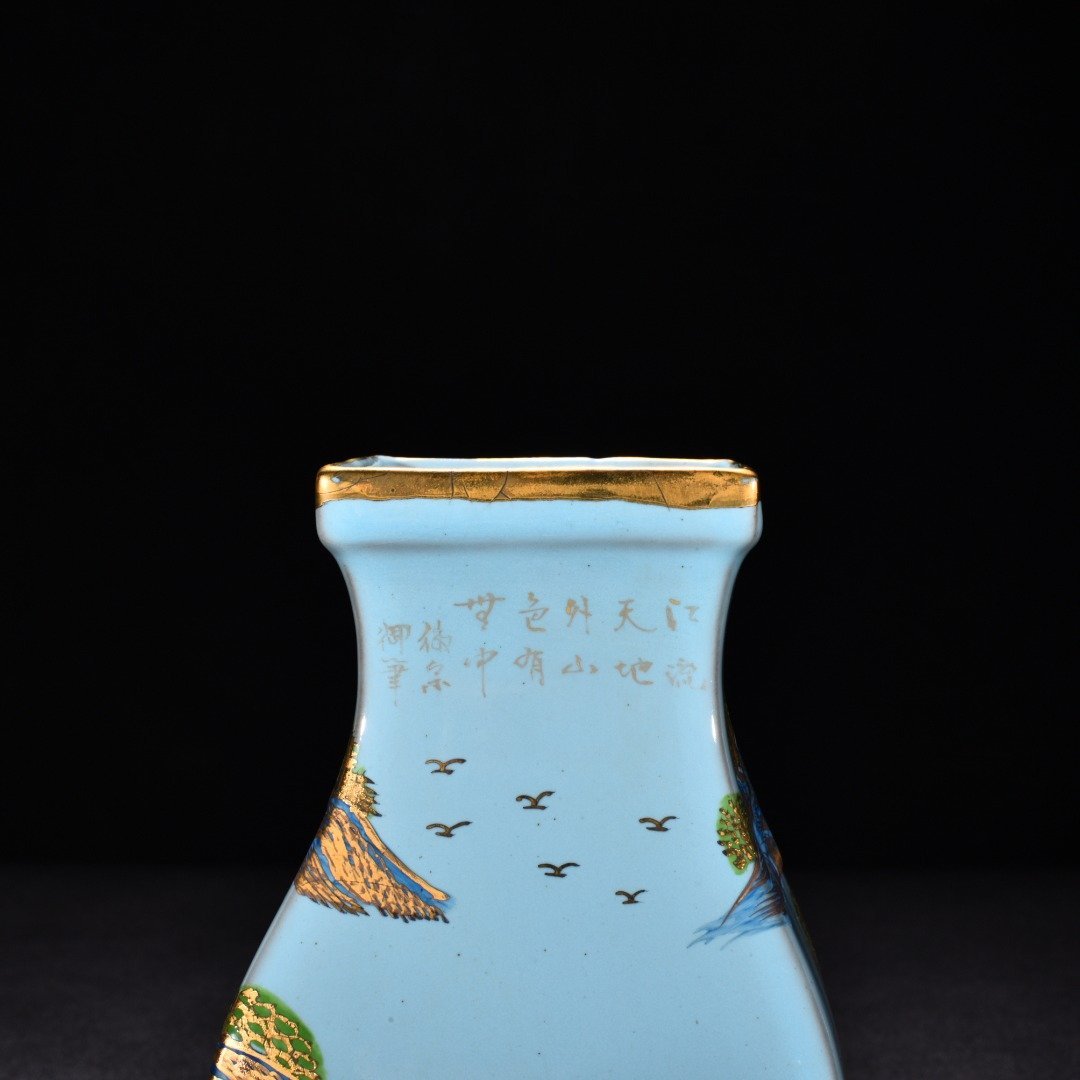 Song Dynasty Ru kilnsky blue glaze gold landscape pattern square statue
