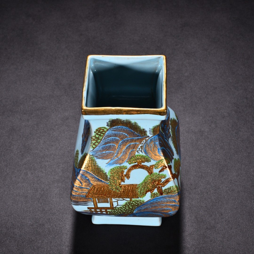 Song Dynasty Ru kilnsky blue glaze gold landscape pattern square statue