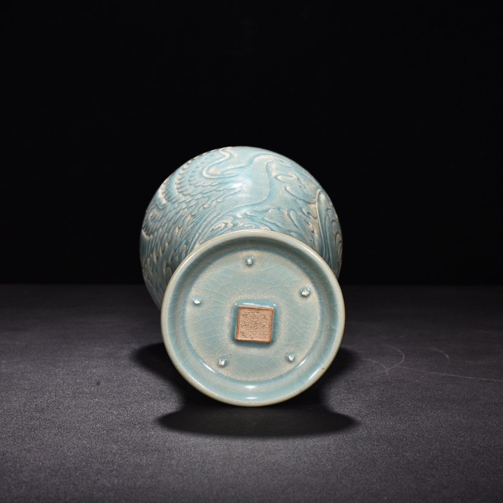 Song Dynasty Ru kilnazure glaze plum vase with carved peony cloud and crane