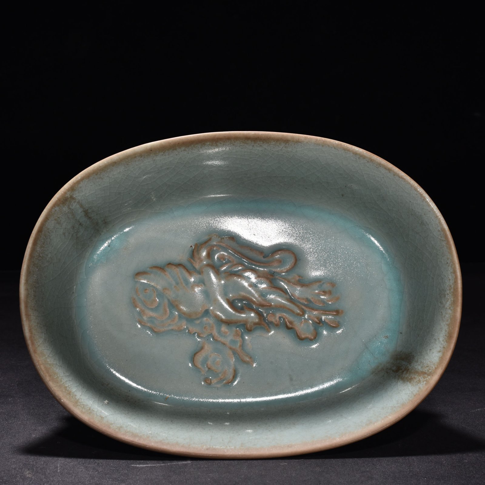 Song Dynasty Ru kiln azure glaze narcissus basin with engraved poetry and phoenix