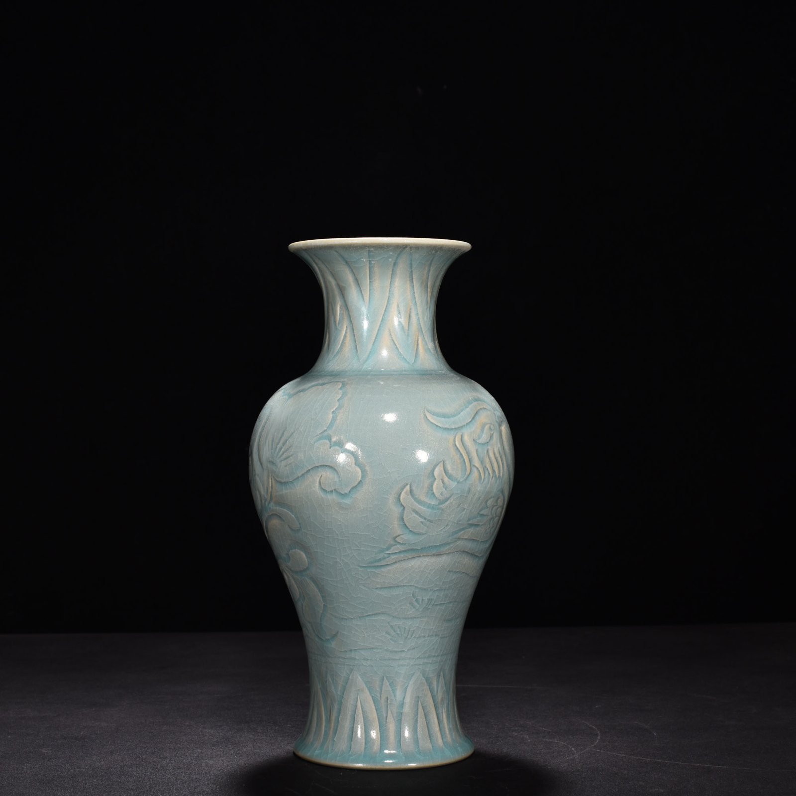Song Dynasty Ru Kiln azure glaze carved Guanyin vase with mandarin duck