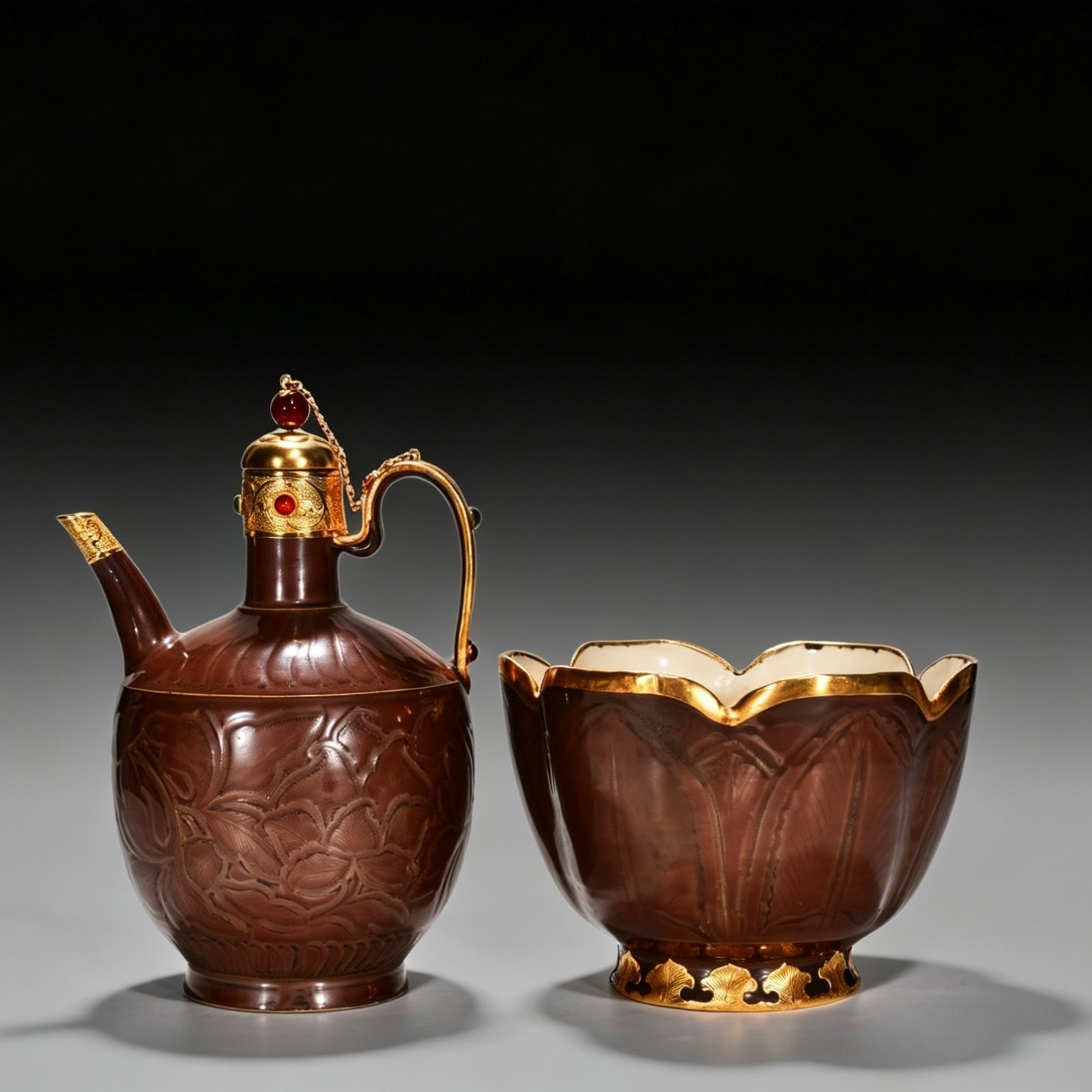 Song Dynasty Ziding engraved banana leaf and flower pattern set of pots