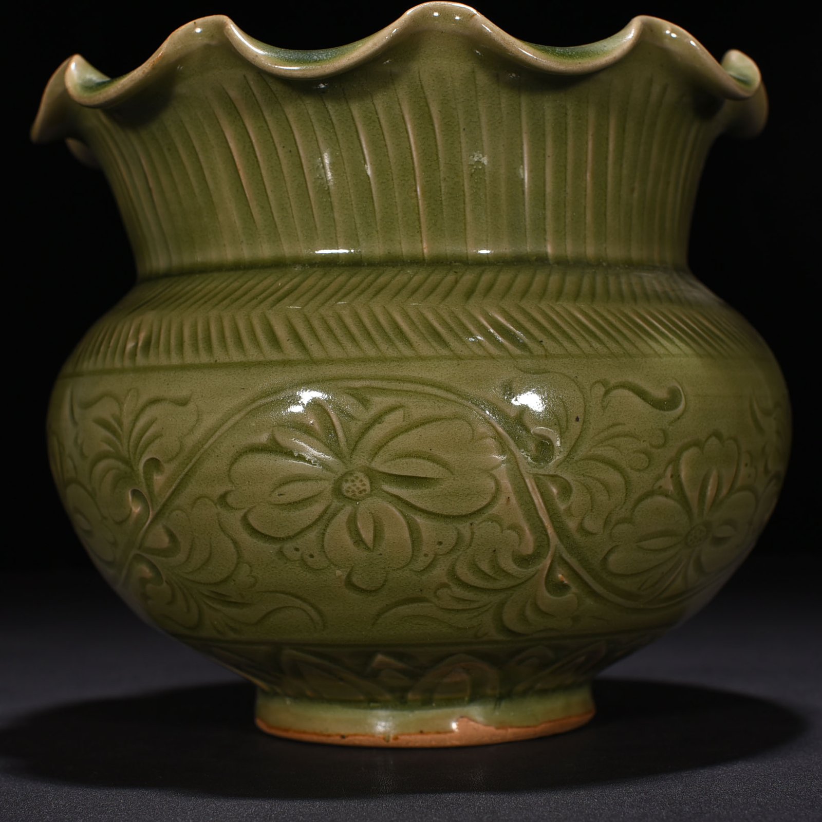 Song Dynasty Yaozhou kiln carved slag bucket with entwining branches and floral patterns