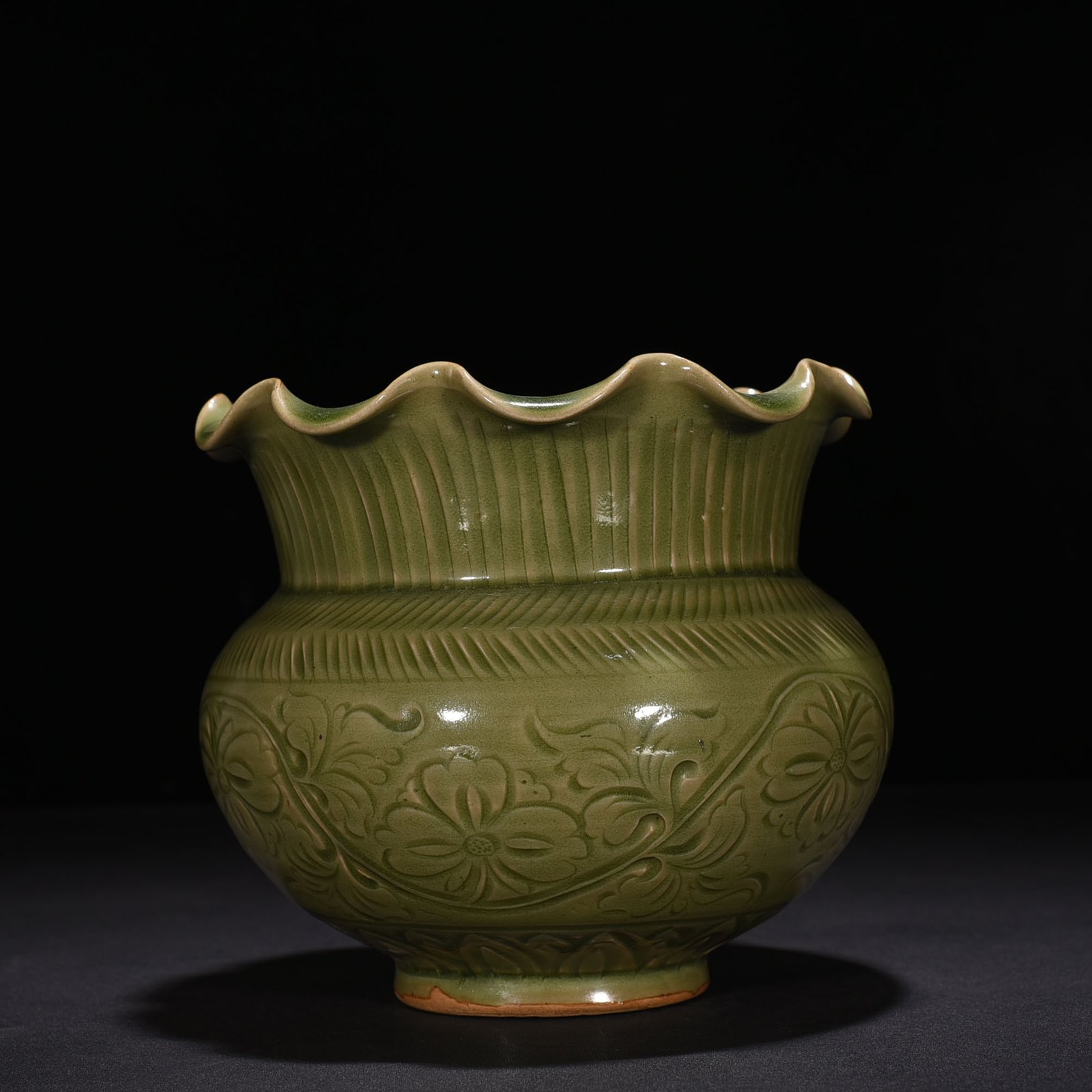 Song Dynasty Yaozhou kiln carved slag bucket with entwining branches and floral patterns