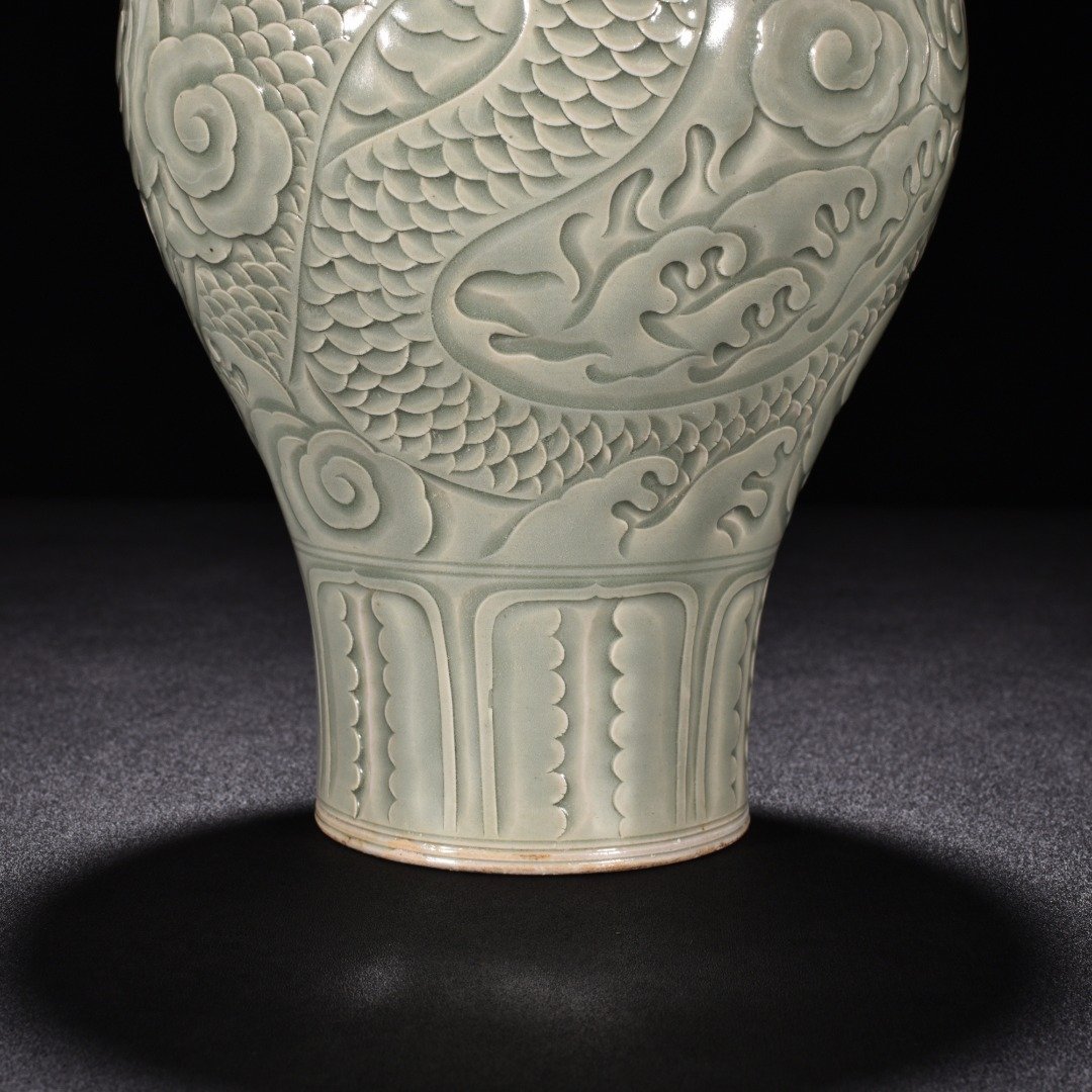 Song Dynasty Yaozhou kiln celadon plum vase with cloud and dragon patterns