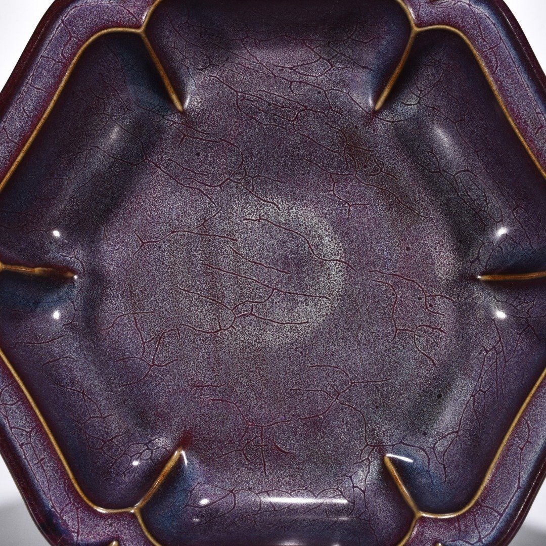 Song Dynasty Jun kiln obsidian rose purple glaze hexagonal sunflower wash