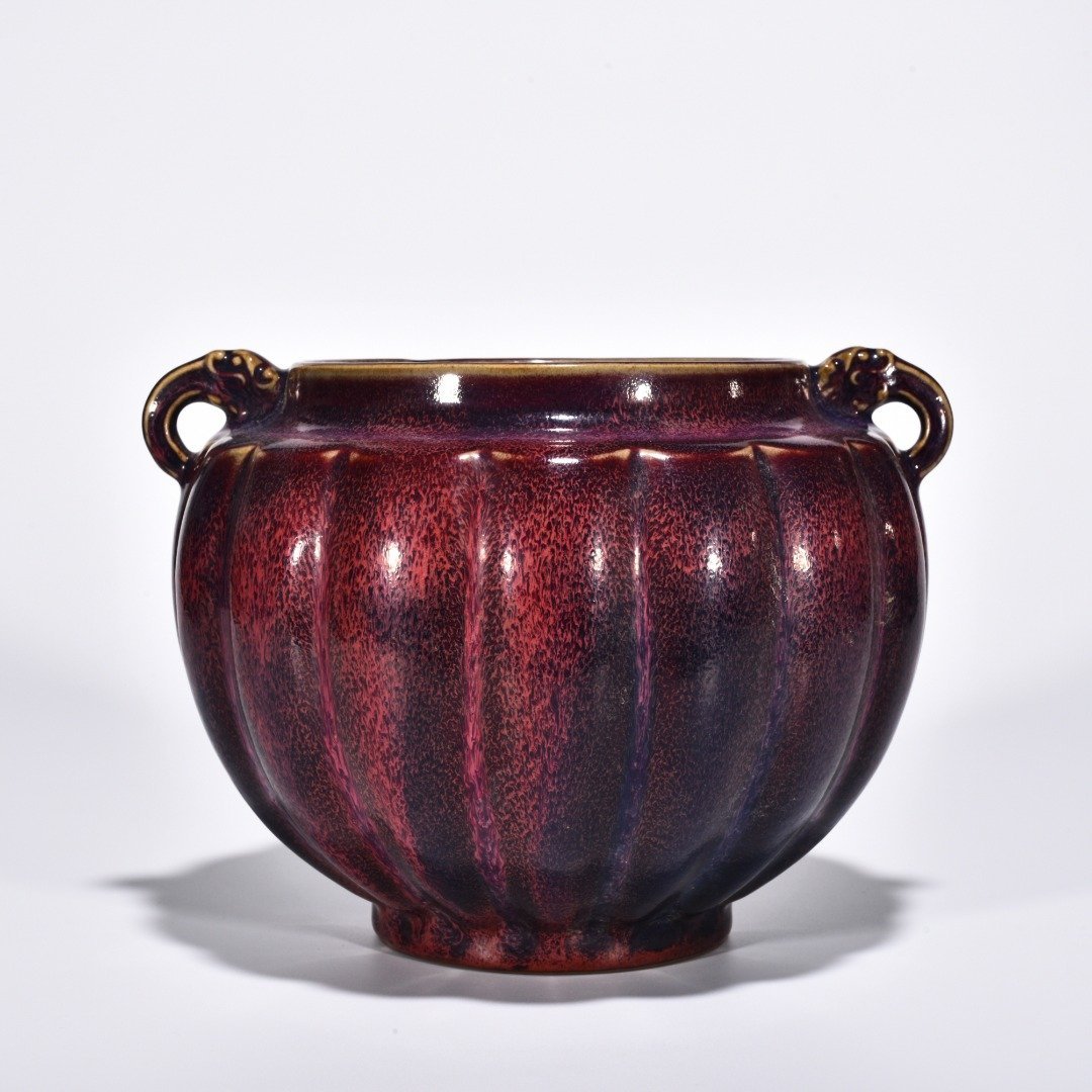 Song Dynasty Jun kiln obsidian rose red glaze scraped edge double series jar