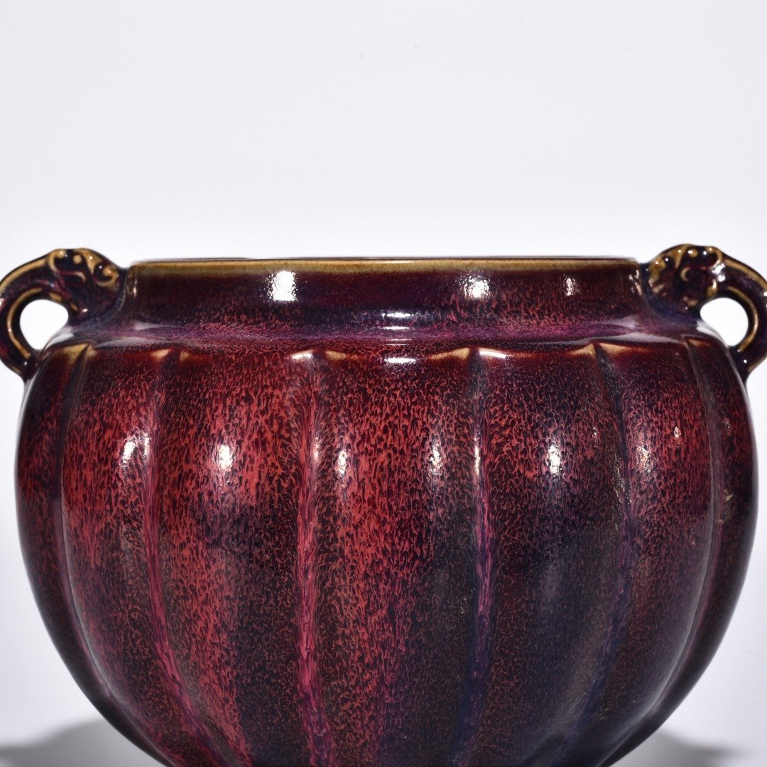 Song Dynasty Jun kiln obsidian rose red glaze scraped edge double series jar