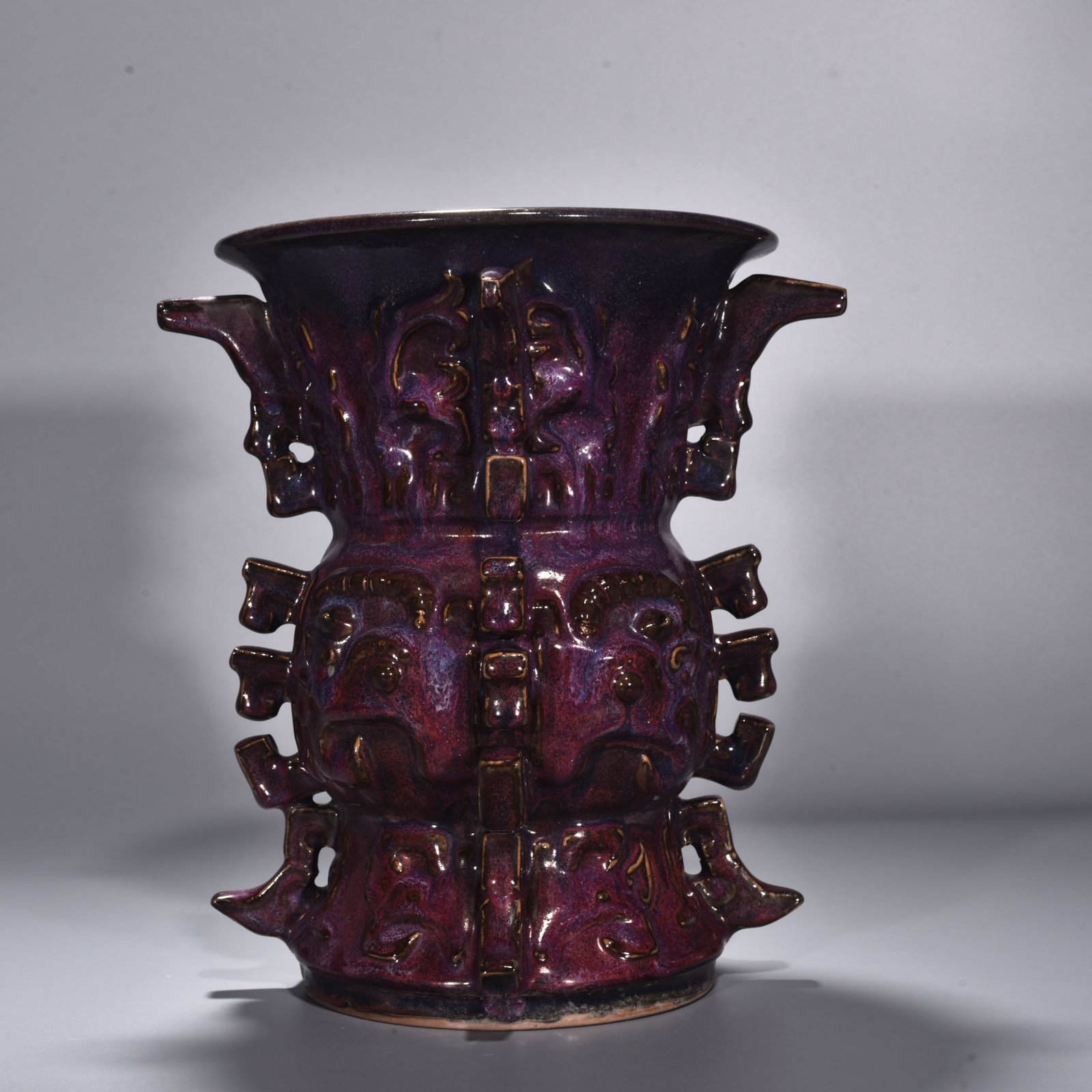 Song Dynasty Jun kiln rose purple glaze animal mask pattern halberd statue