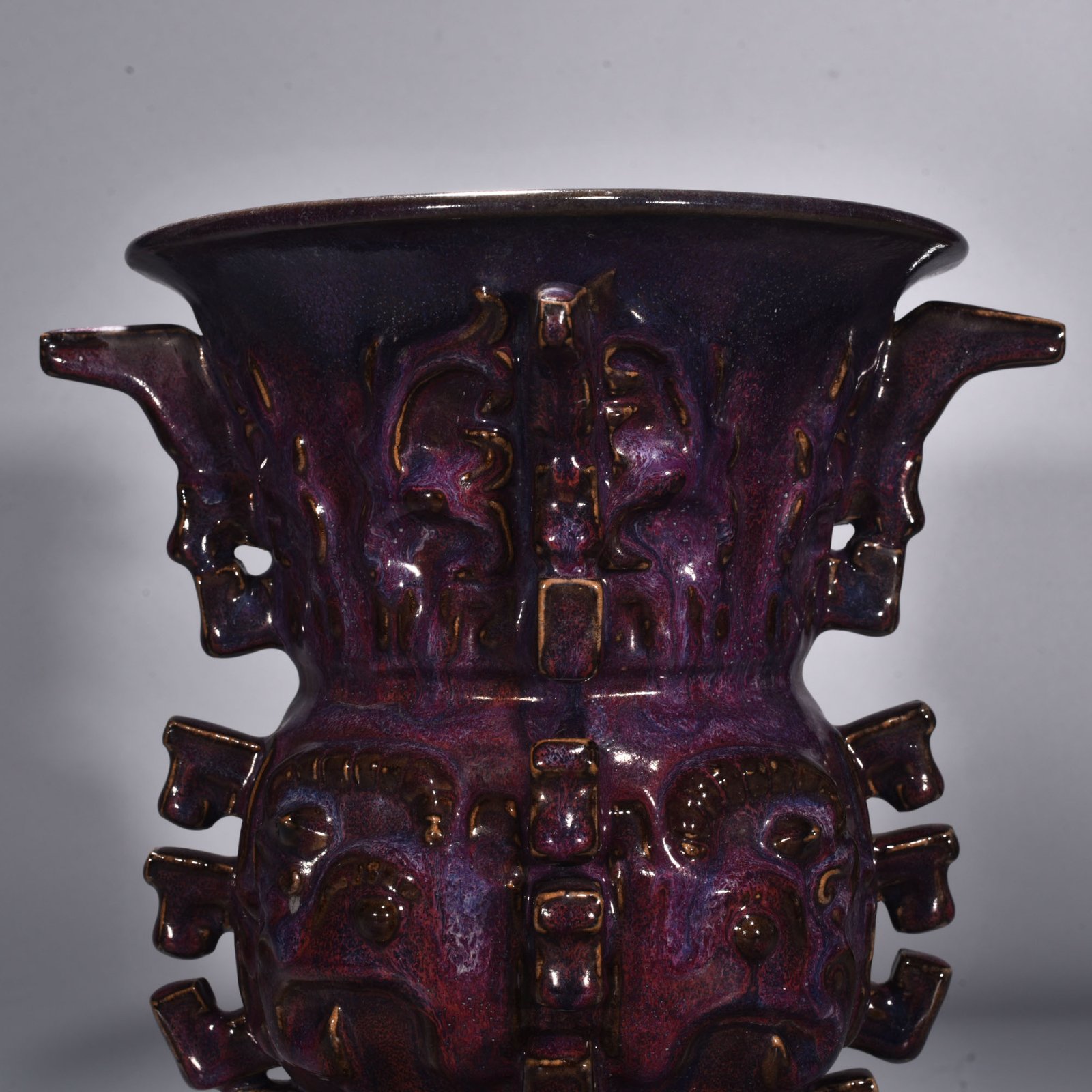Song Dynasty Jun kiln rose purple glaze animal mask pattern halberd statue
