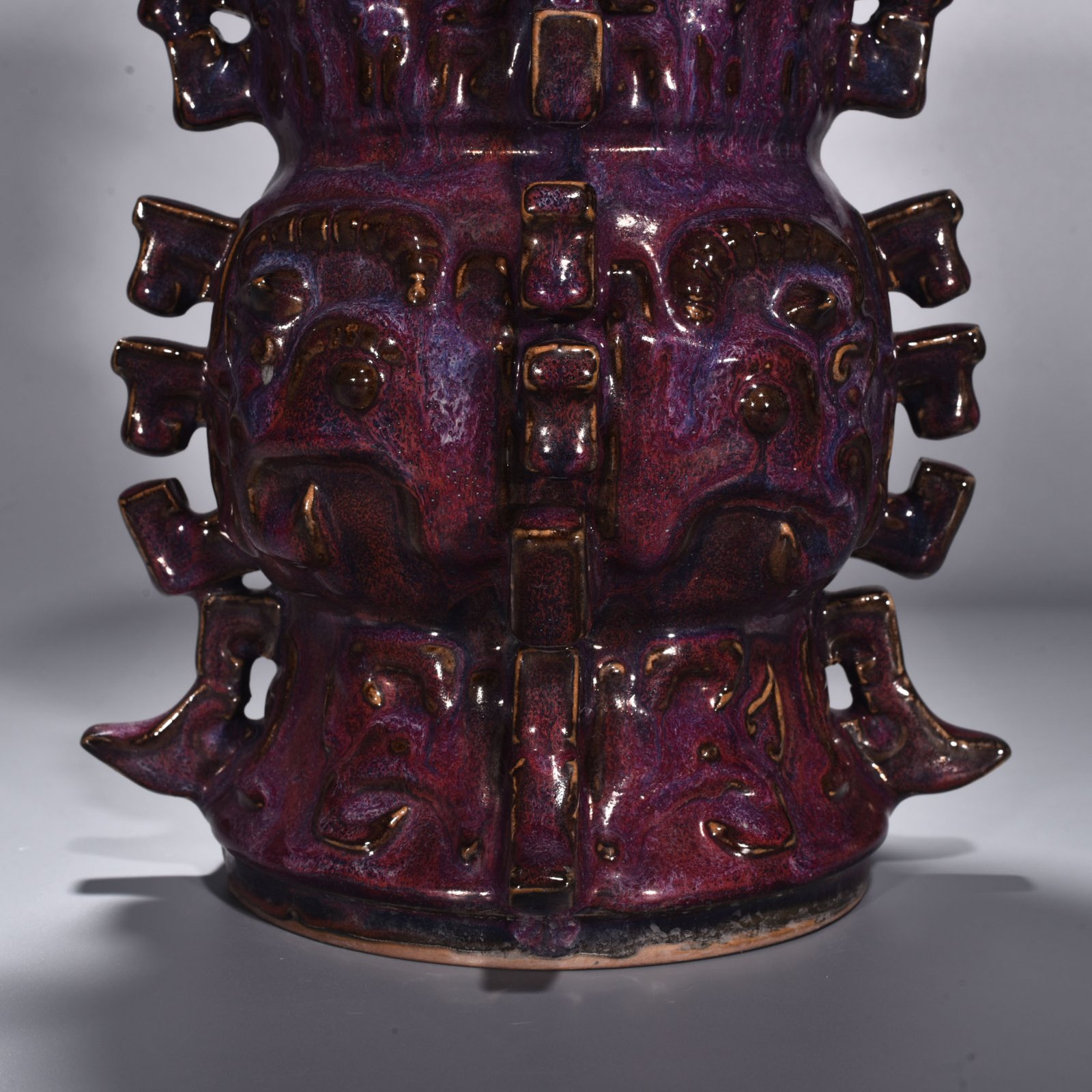 Song Dynasty Jun kiln rose purple glaze animal mask pattern halberd statue