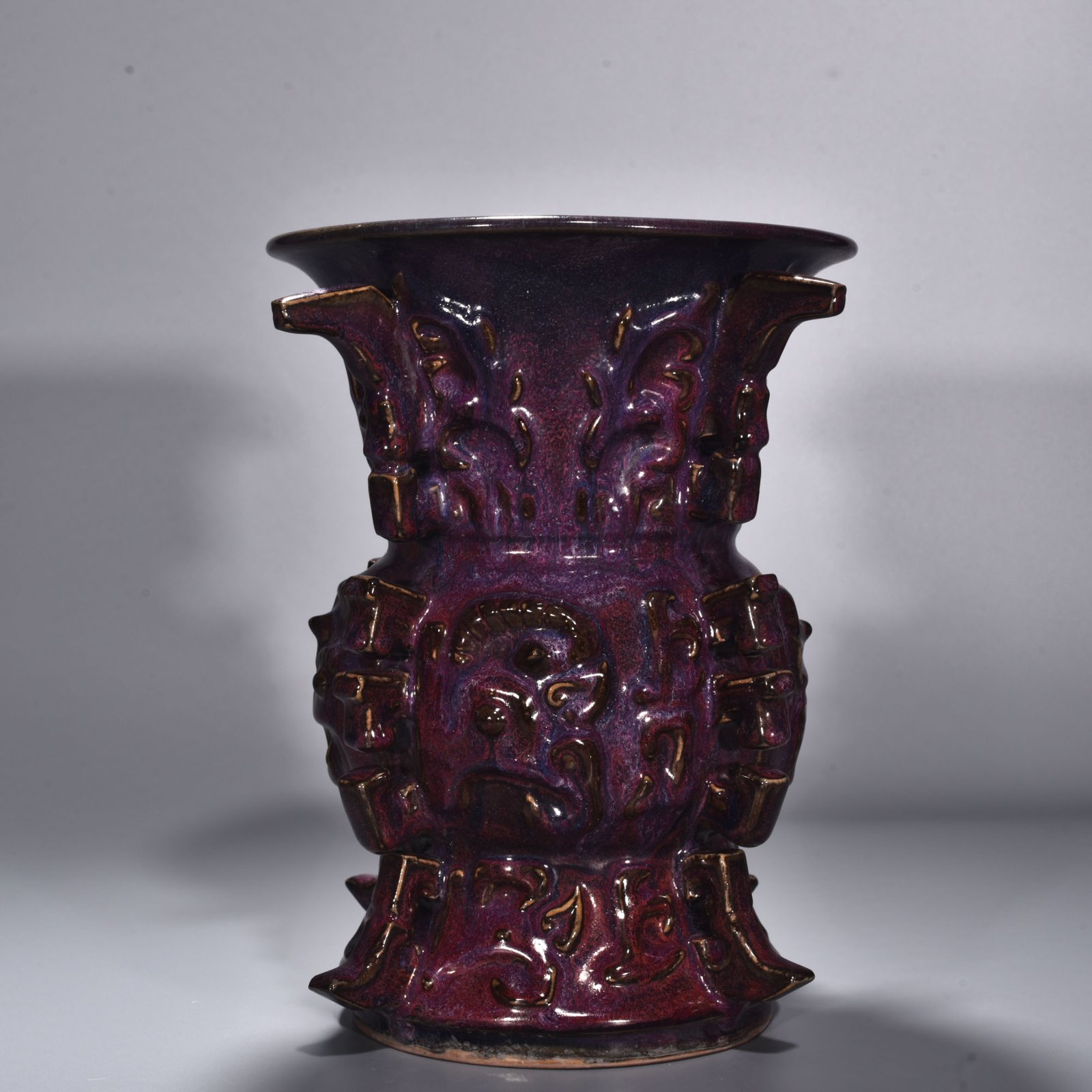 Song Dynasty Jun kiln rose purple glaze animal mask pattern halberd statue