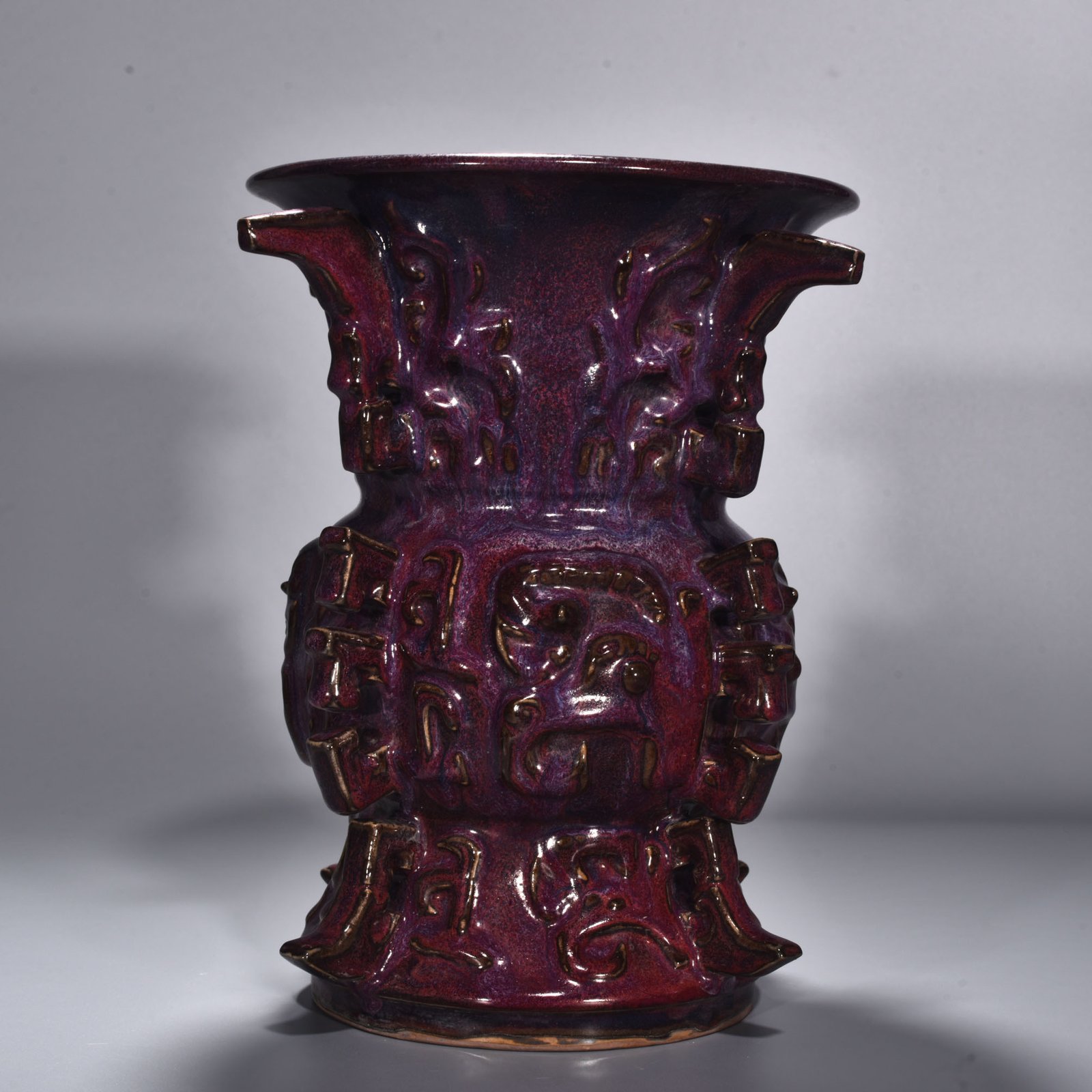 Song Dynasty Jun kiln rose purple glaze animal mask pattern halberd statue
