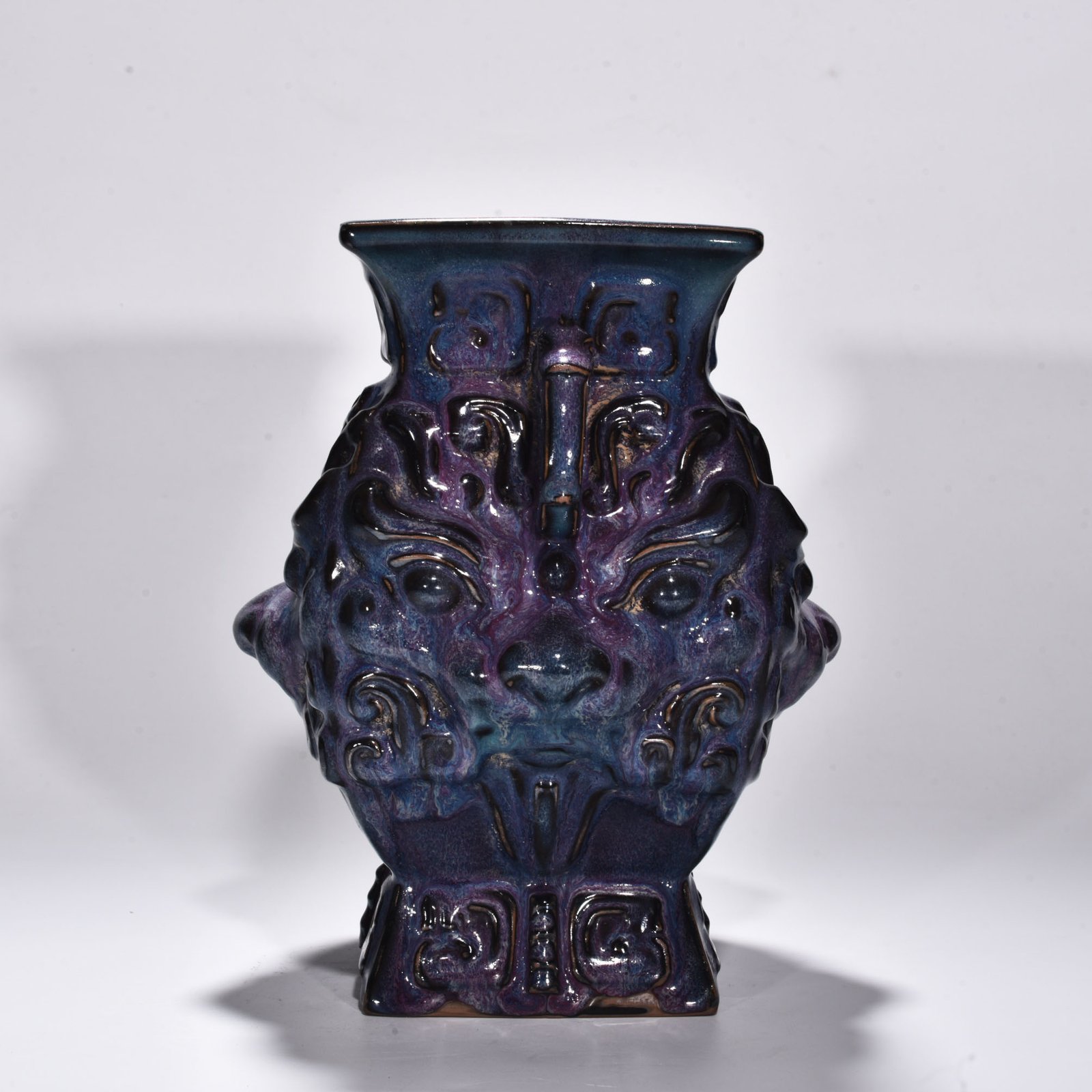Song Dynasty Jun kiln rose purple glaze animal mask double-eared square statue