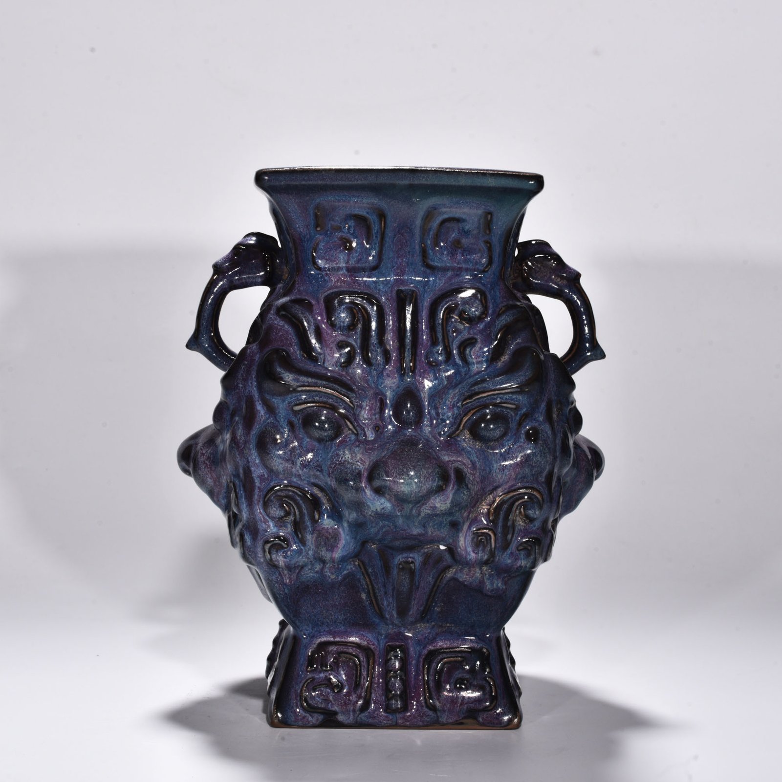 Song Dynasty Jun kiln rose purple glaze animal mask double-eared square statue