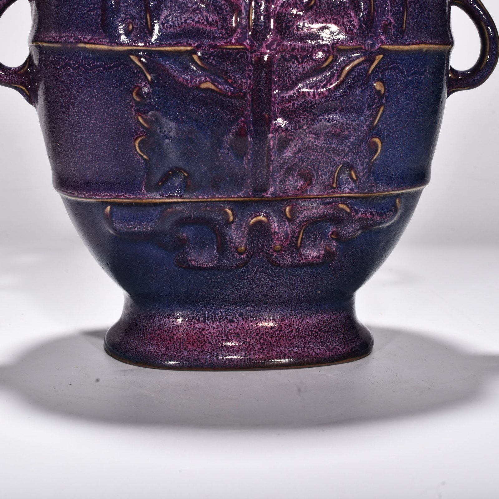 Song Dynasty Jun kiln rose purple glaze animal mask pattern double-ear lid jar