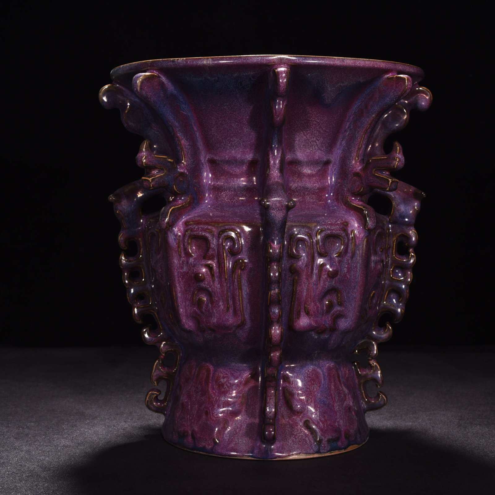 Song Dynasty Jun kiln rose purple glaze phoenix and bird pattern halberd statue