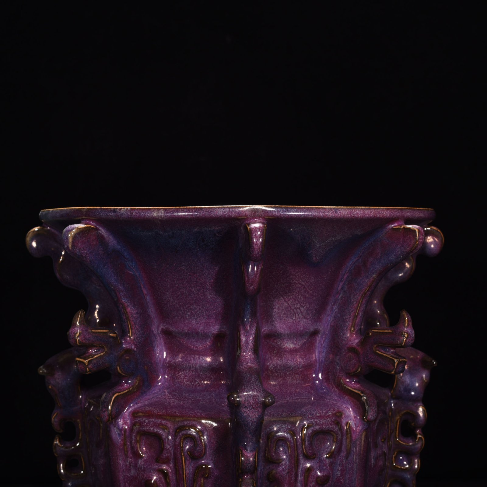 Song Dynasty Jun kiln rose purple glaze phoenix and bird pattern halberd statue