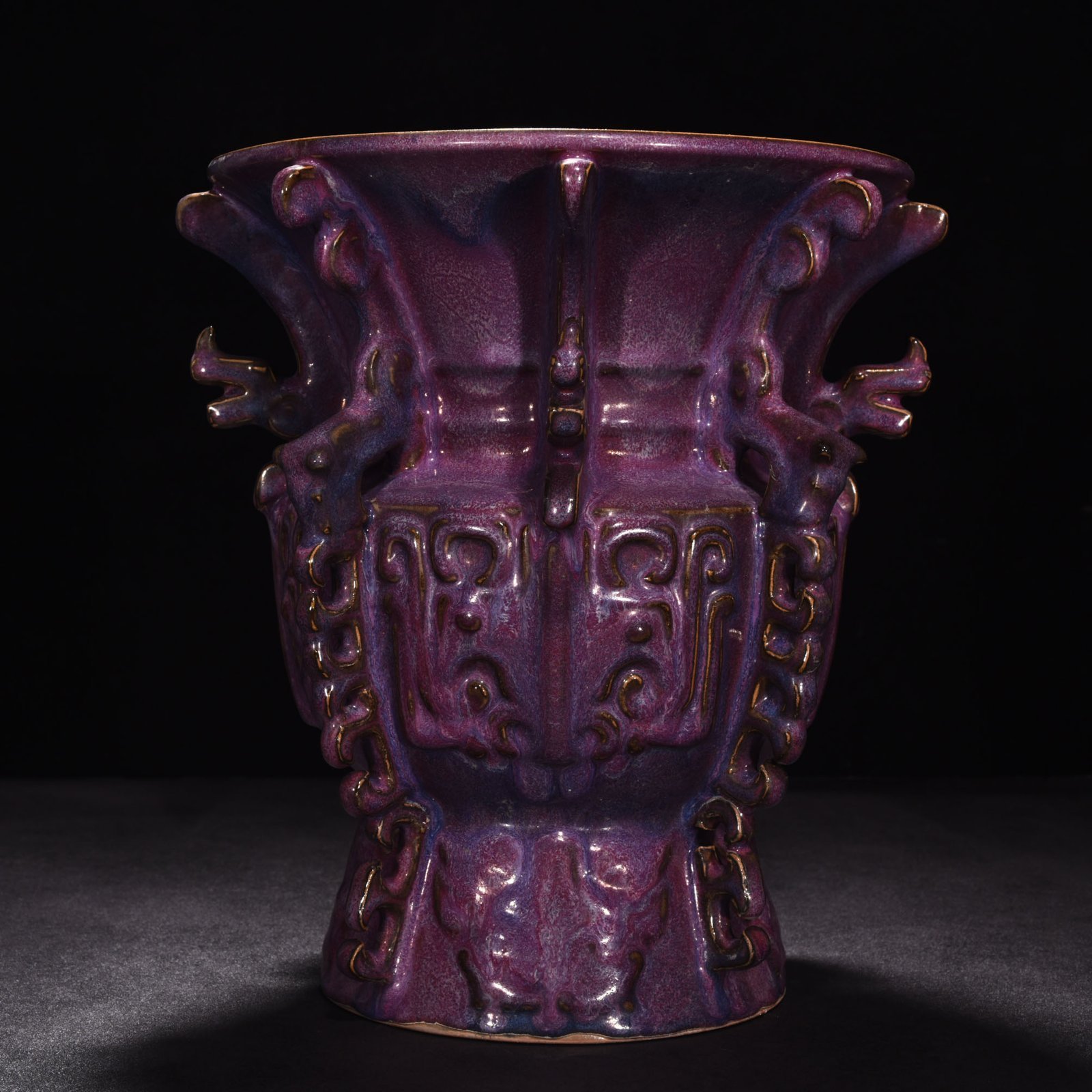 Song Dynasty Jun kiln rose purple glaze phoenix and bird pattern halberd statue