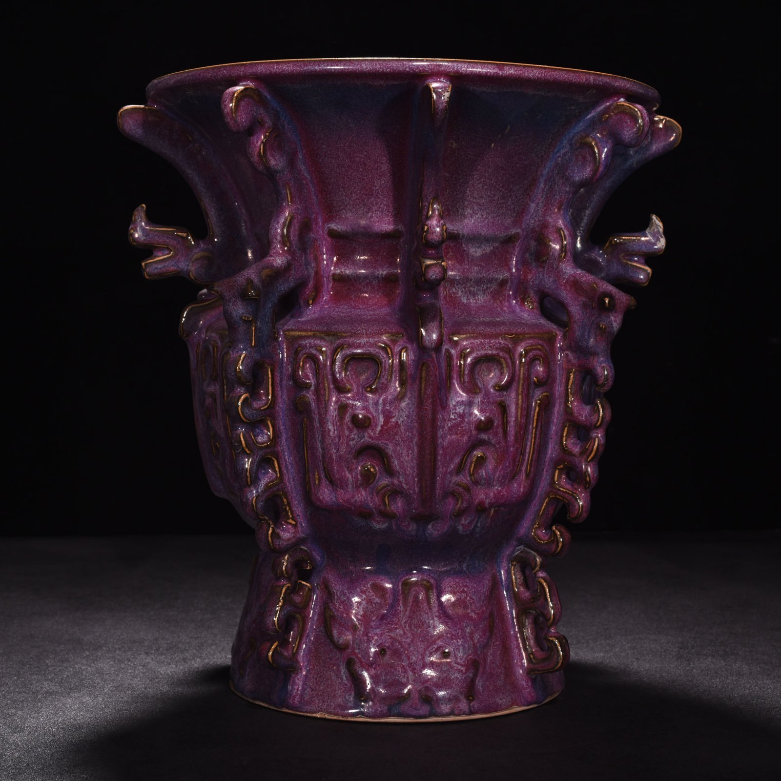Song Dynasty Jun kiln rose purple glaze phoenix and bird pattern halberd statue
