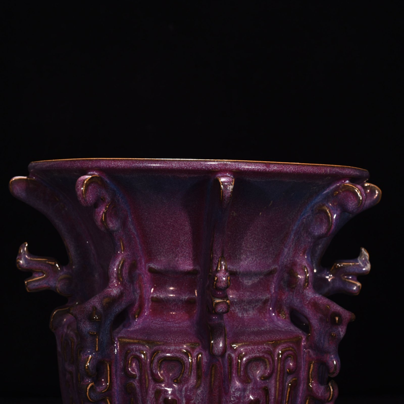 Song Dynasty Jun kiln rose purple glaze phoenix and bird pattern halberd statue