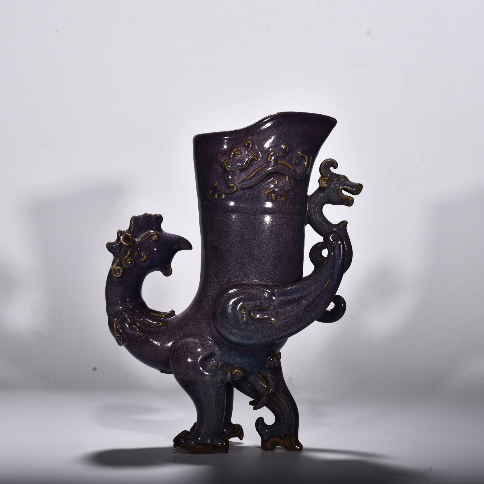Song Dynasty Jun Kiln rose purple glaze phoenix and bird pattern boot cup
