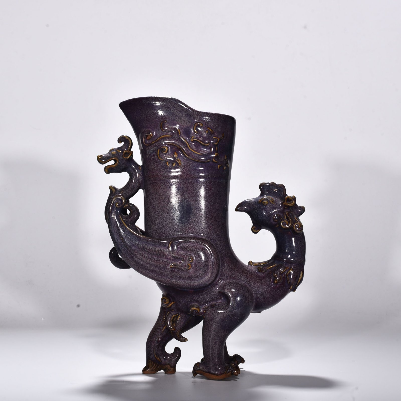 Song Dynasty Jun Kiln rose purple glaze phoenix and bird pattern boot cup