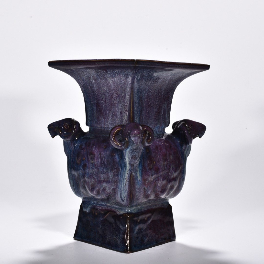 Song Dynasty Jun kiln rose purple glaze four-goat square statue