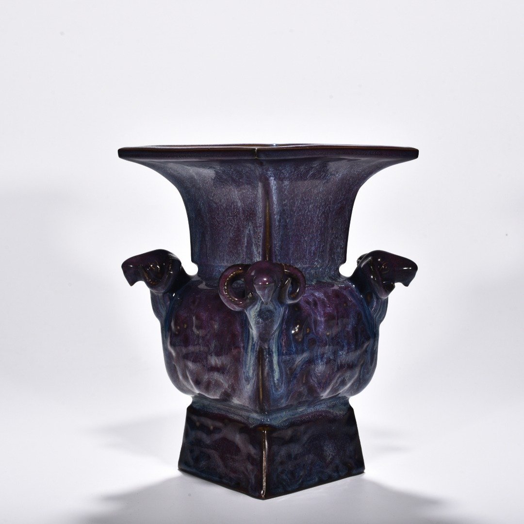 Song Dynasty Jun kiln rose purple glaze four-goat square statue