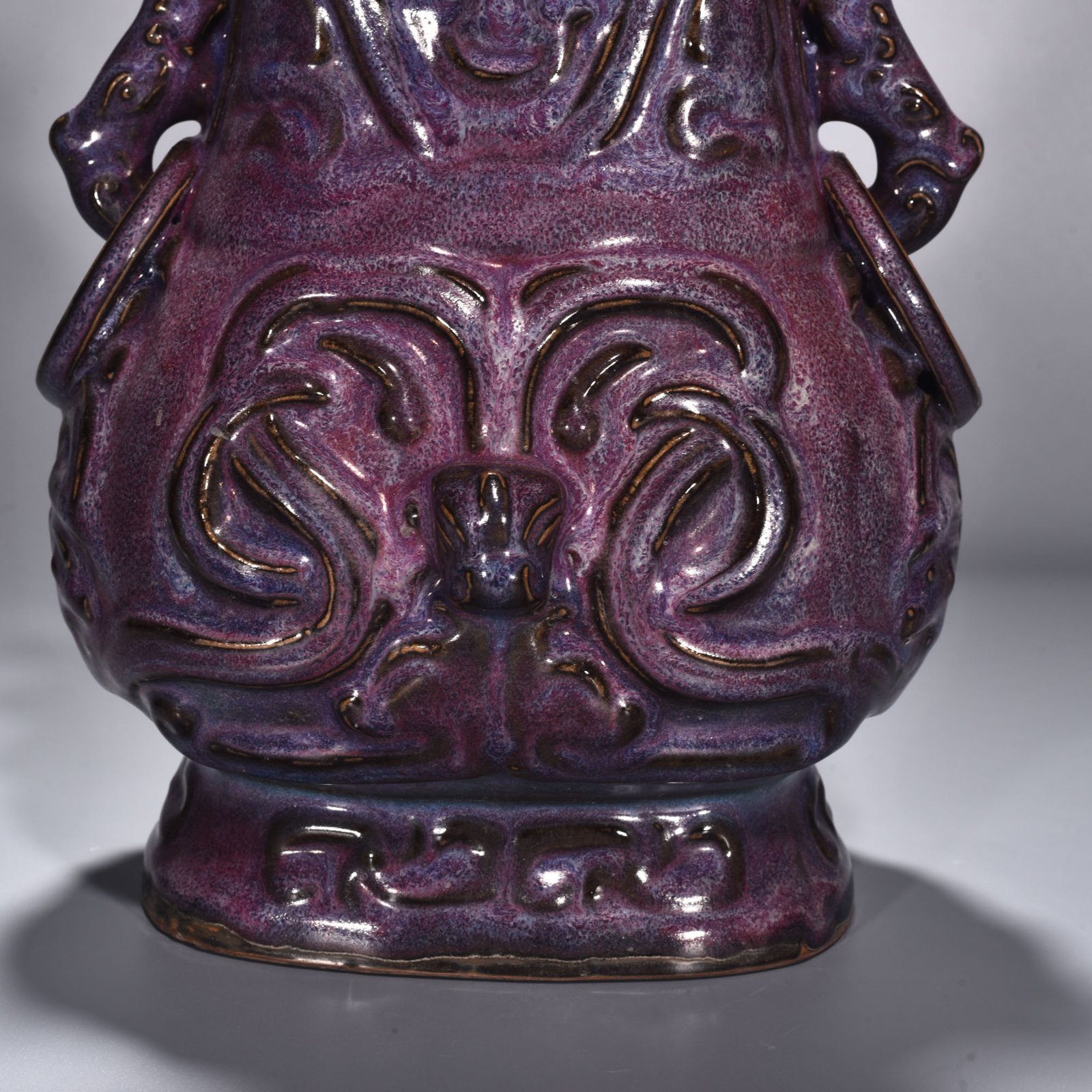 Song Dynasty Jun kiln rose purple glaze Kui dragon pattern double-eared flat kettle