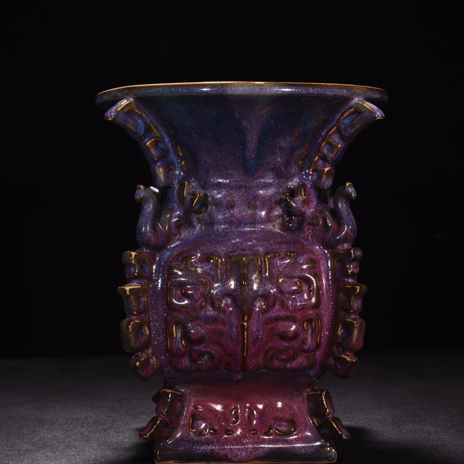 Song Dynasty Jun kiln rose purple glaze Kui dragon pattern square halberd statue