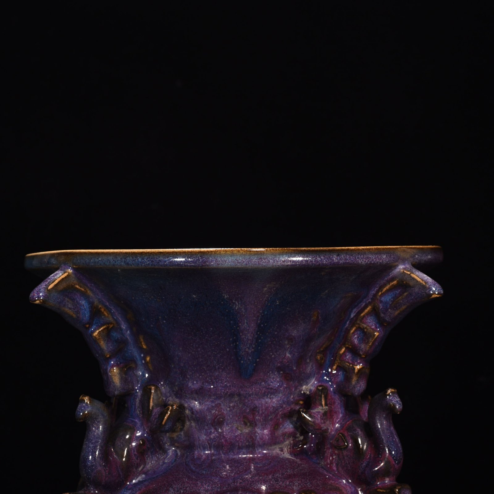 Song Dynasty Jun kiln rose purple glaze Kui dragon pattern square halberd statue
