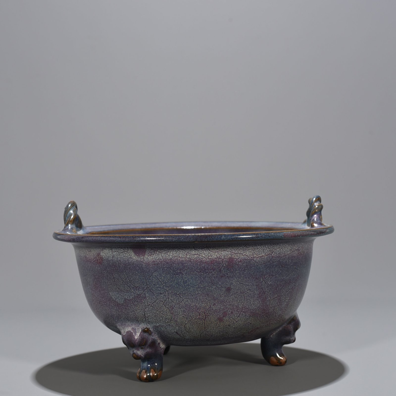 Song Dynasty Jun kiln rose purple glaze official three-legged and two-ear stove