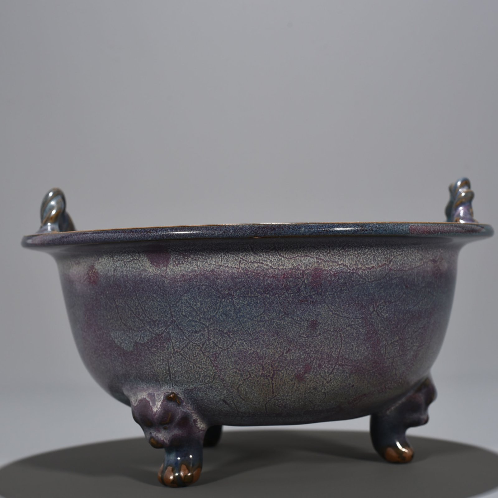 Song Dynasty Jun kiln rose purple glaze official three-legged and two-ear stove