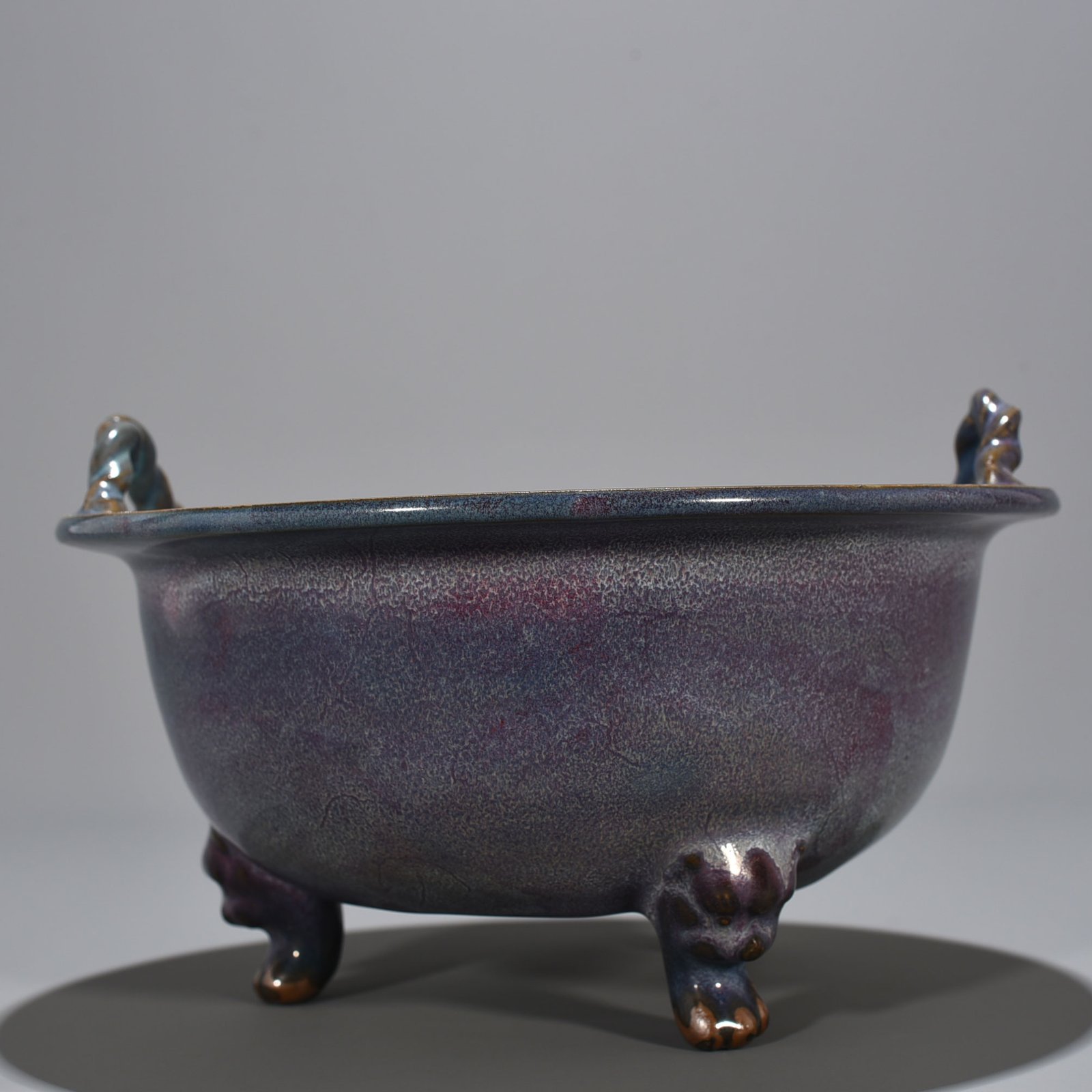 Song Dynasty Jun kiln rose purple glaze official three-legged and two-ear stove