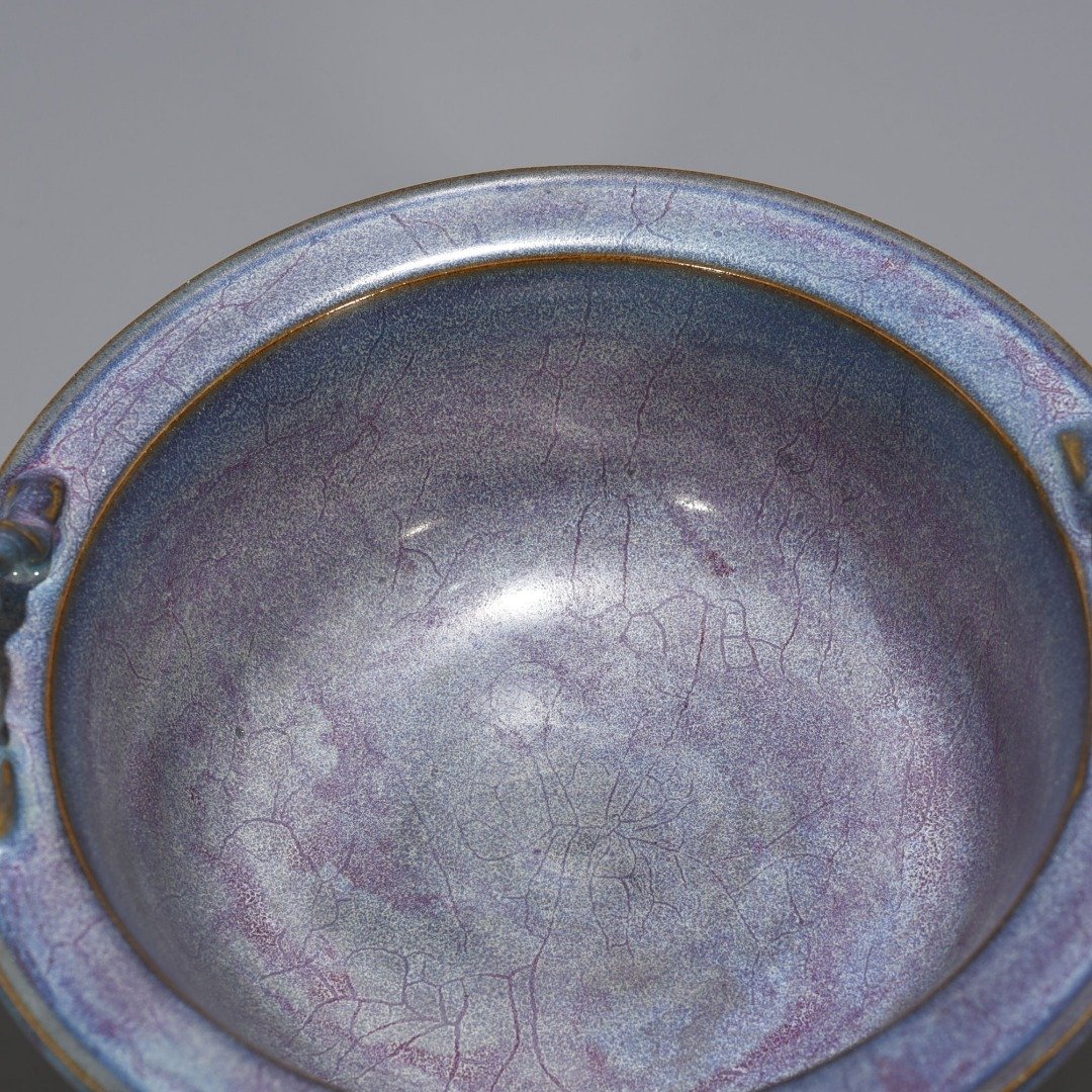 Song Dynasty Jun kiln rose purple glaze official three-legged and two-ear stove